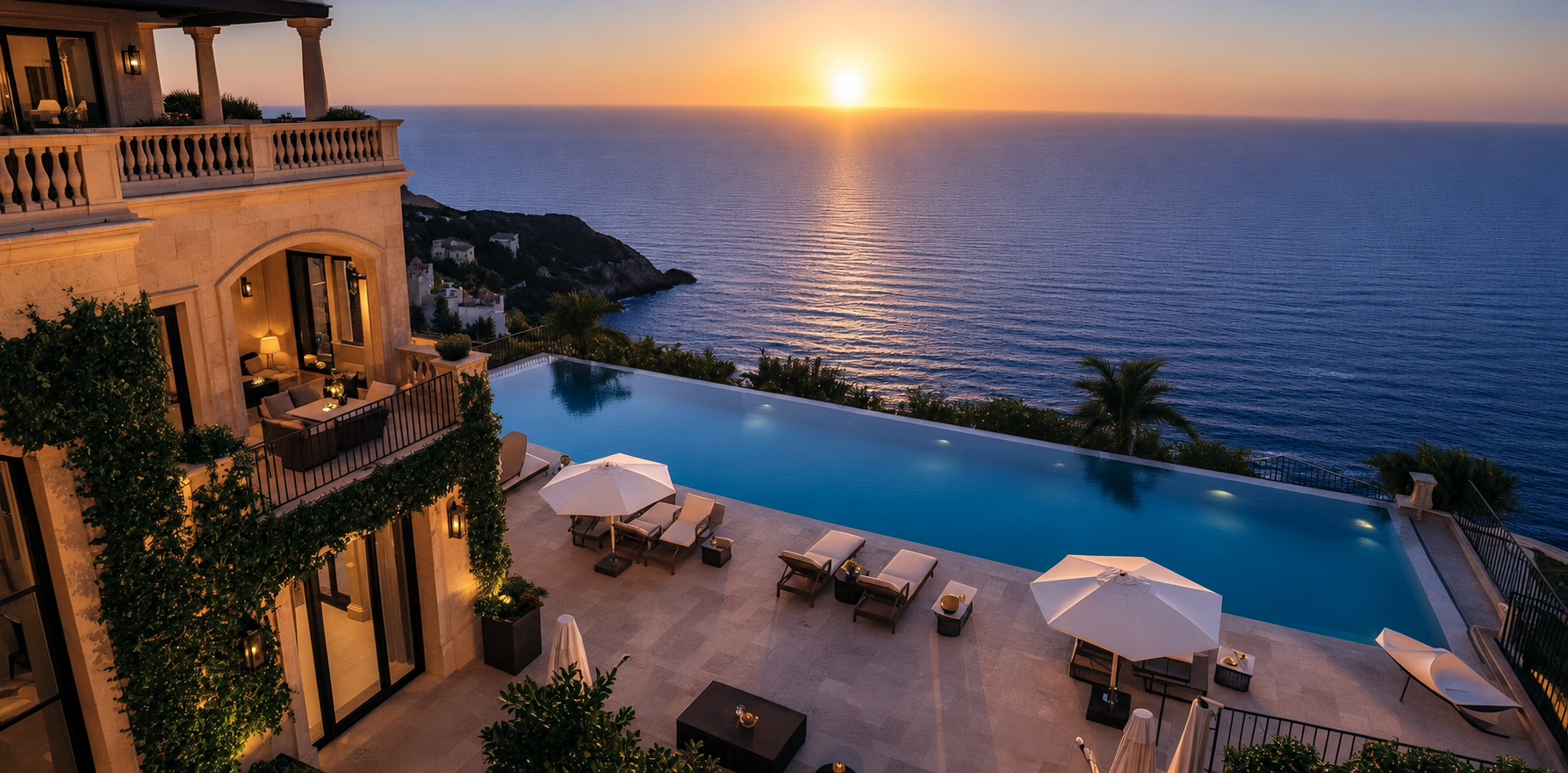 Luxury villa with infinity pool overlooking the sea at sunset